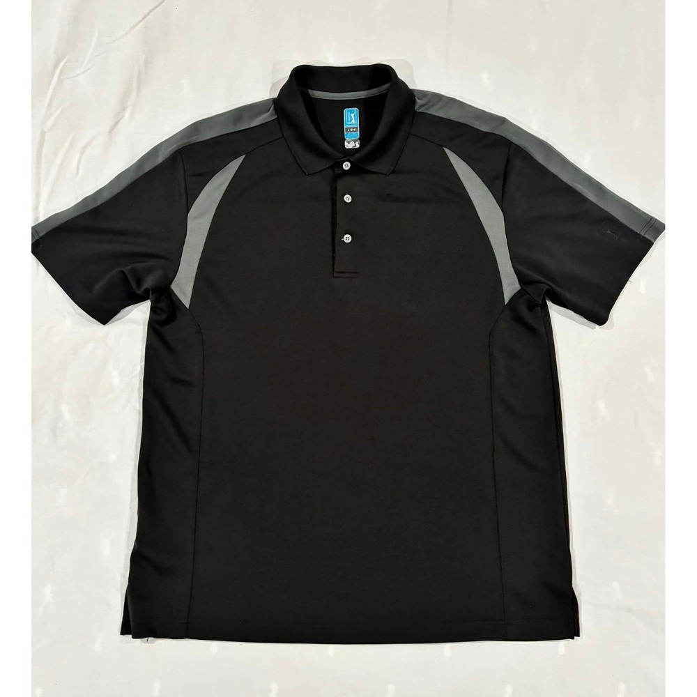 PGA Tour Mens Polo Shirt Large Black Grey Colorblock Performance Golf Mesh Top